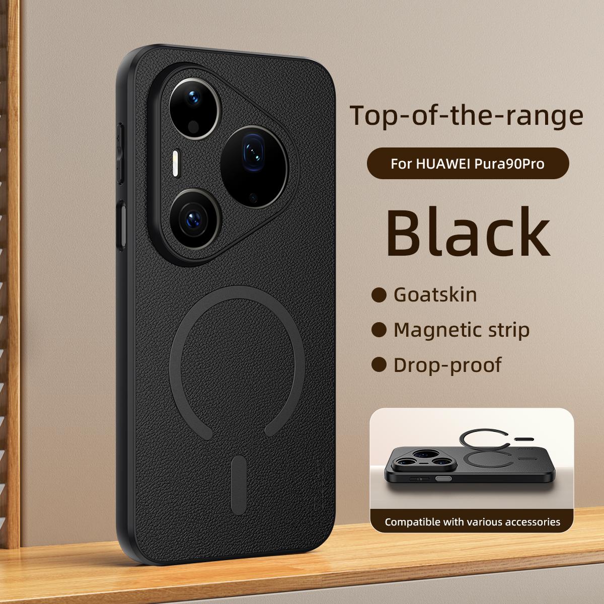 For Huawei Pura 90 Pro 5G Goatskin Vegan Leather Magnetic Phone Case - Black - EDA009667915B