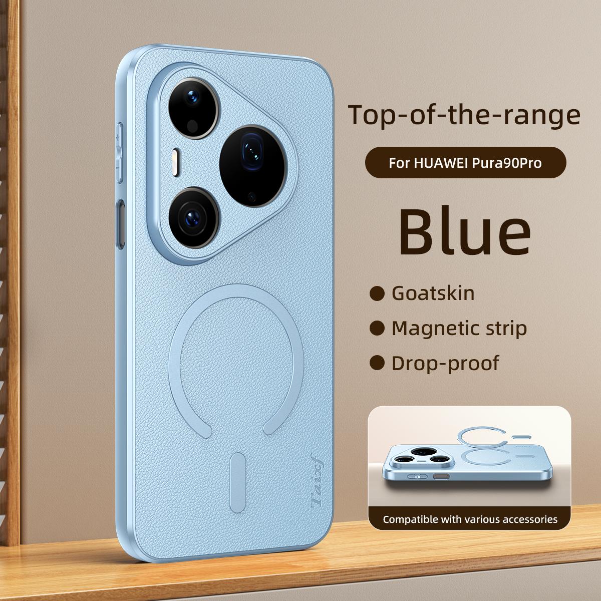 For Huawei Pura 90 Pro 5G Goatskin Vegan Leather Magnetic Phone Case - Blue - EDA009667915C