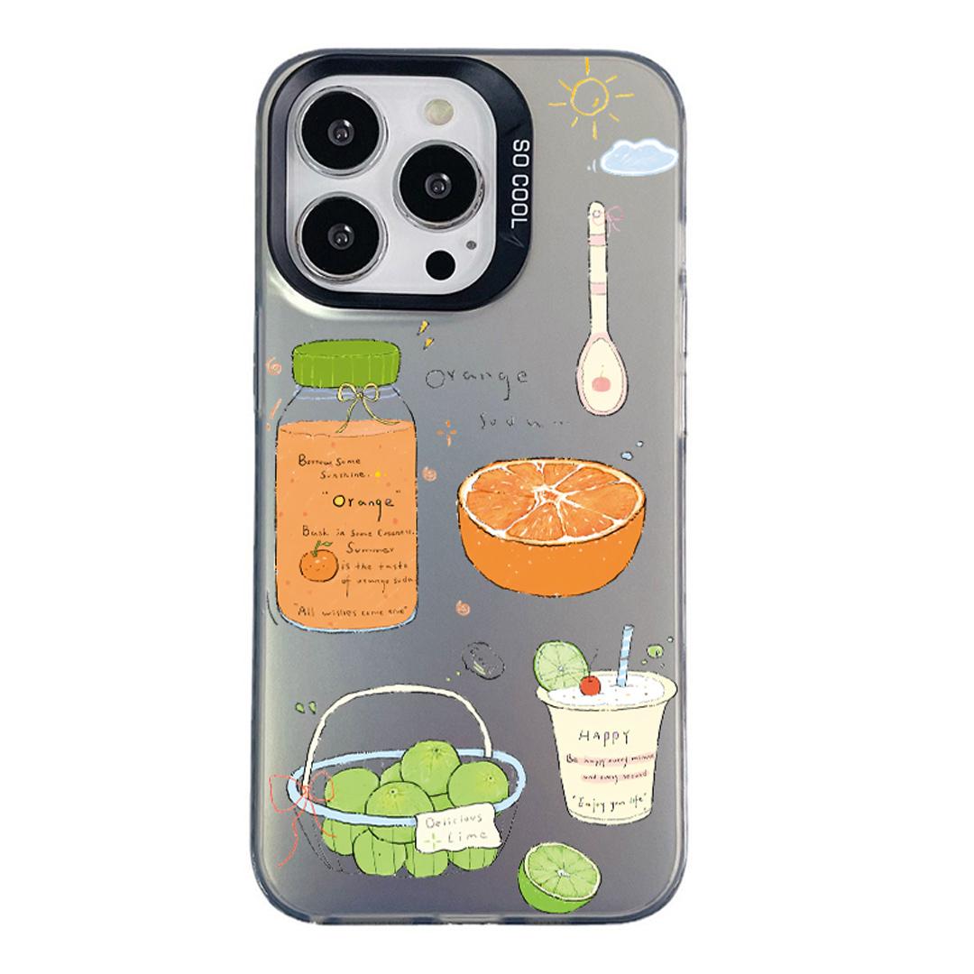 For iPhone 16 Pro Colorful Silver Pattern PC Hybrid TPU Phone Case - Black Fruit Tea - EDA009668607C