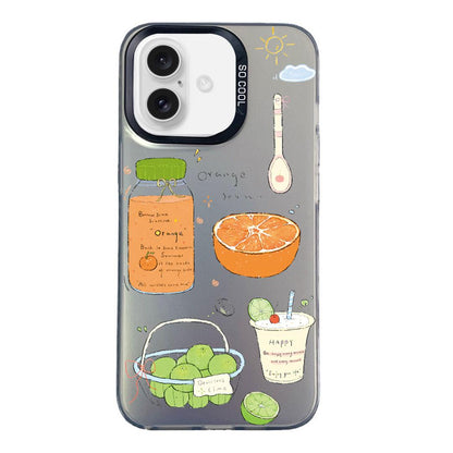 For iPhone 16 Plus Colorful Silver Pattern PC Hybrid TPU Phone Case - Black Fruit Tea - EDA009668608C