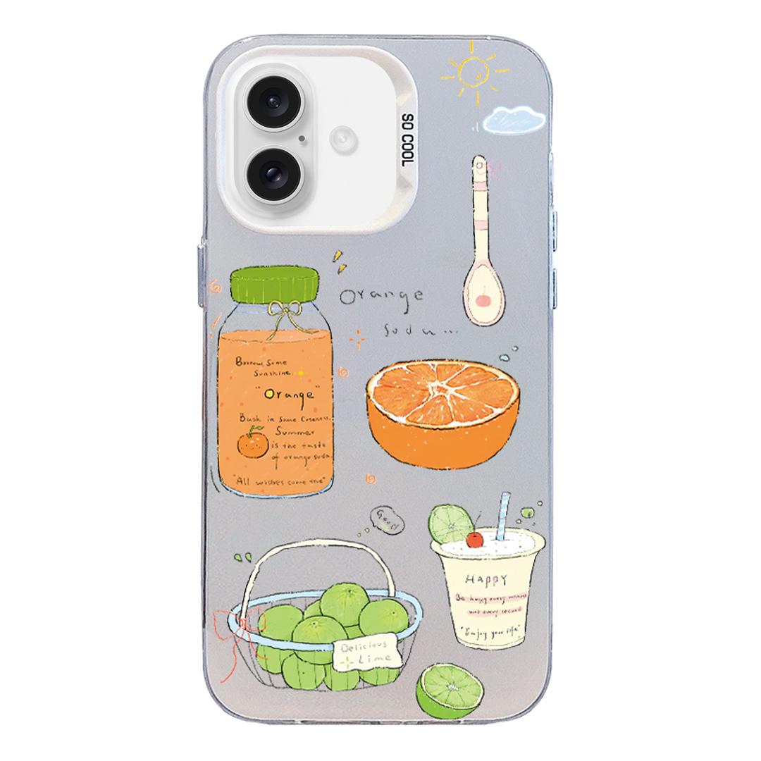 For iPhone 16 Plus Colorful Silver Pattern PC Hybrid TPU Phone Case - White Fruit Tea - EDA009668608D