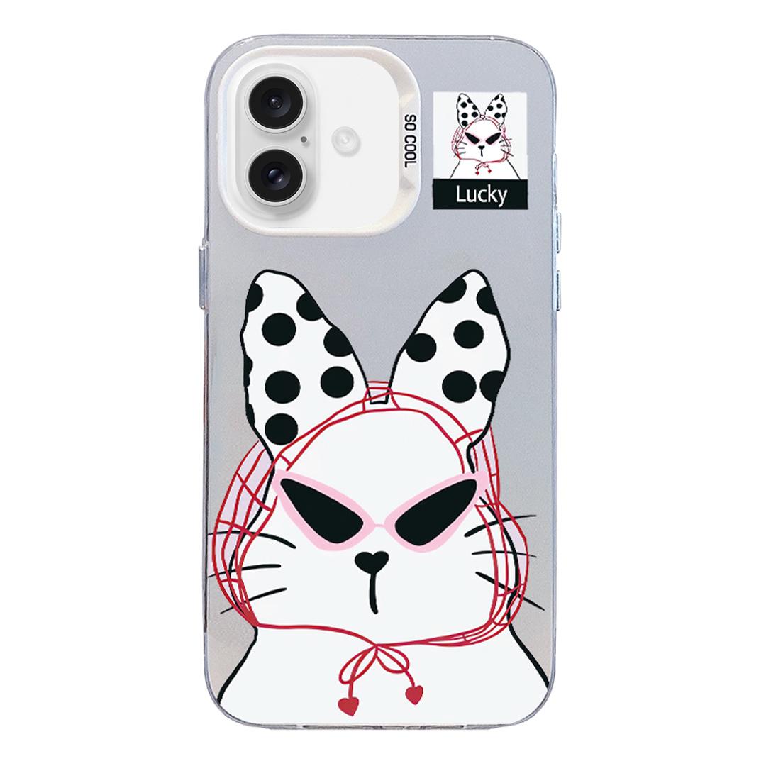 For iPhone 16 Plus Colorful Silver Pattern PC Hybrid TPU Phone Case - White Lucky Cat - EDA009668608J