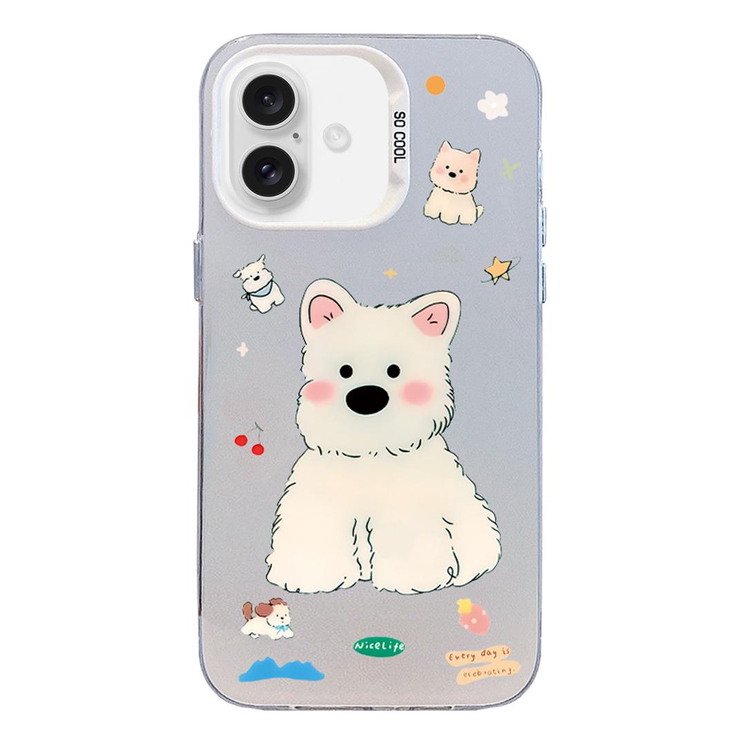 For iPhone 16 Plus Colorful Silver Pattern PC Hybrid TPU Phone Case - Cute White Dog - EDA009668608L