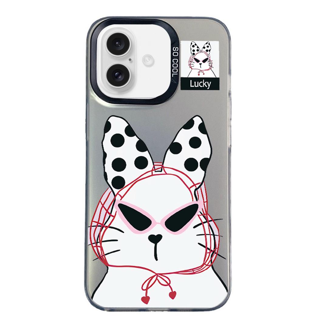 For iPhone 16 Colorful Silver Pattern PC Hybrid TPU Phone Case - Black Lucky Cat - EDA009668609I