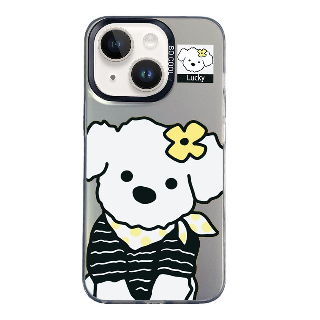 For iPhone 15 Plus Colorful Silver Pattern PC Hybrid TPU Phone Case - Black Puppy - EDA009668612G