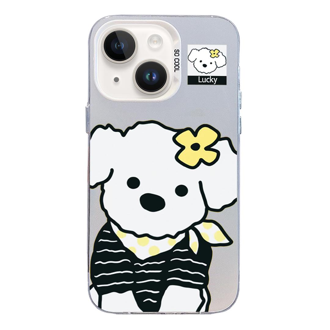 For iPhone 15 Plus Colorful Silver Pattern PC Hybrid TPU Phone Case - White Puppy - EDA009668612H