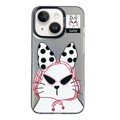 For iPhone 15 Plus Colorful Silver Pattern PC Hybrid TPU Phone Case - Black Lucky Cat - EDA009668612I