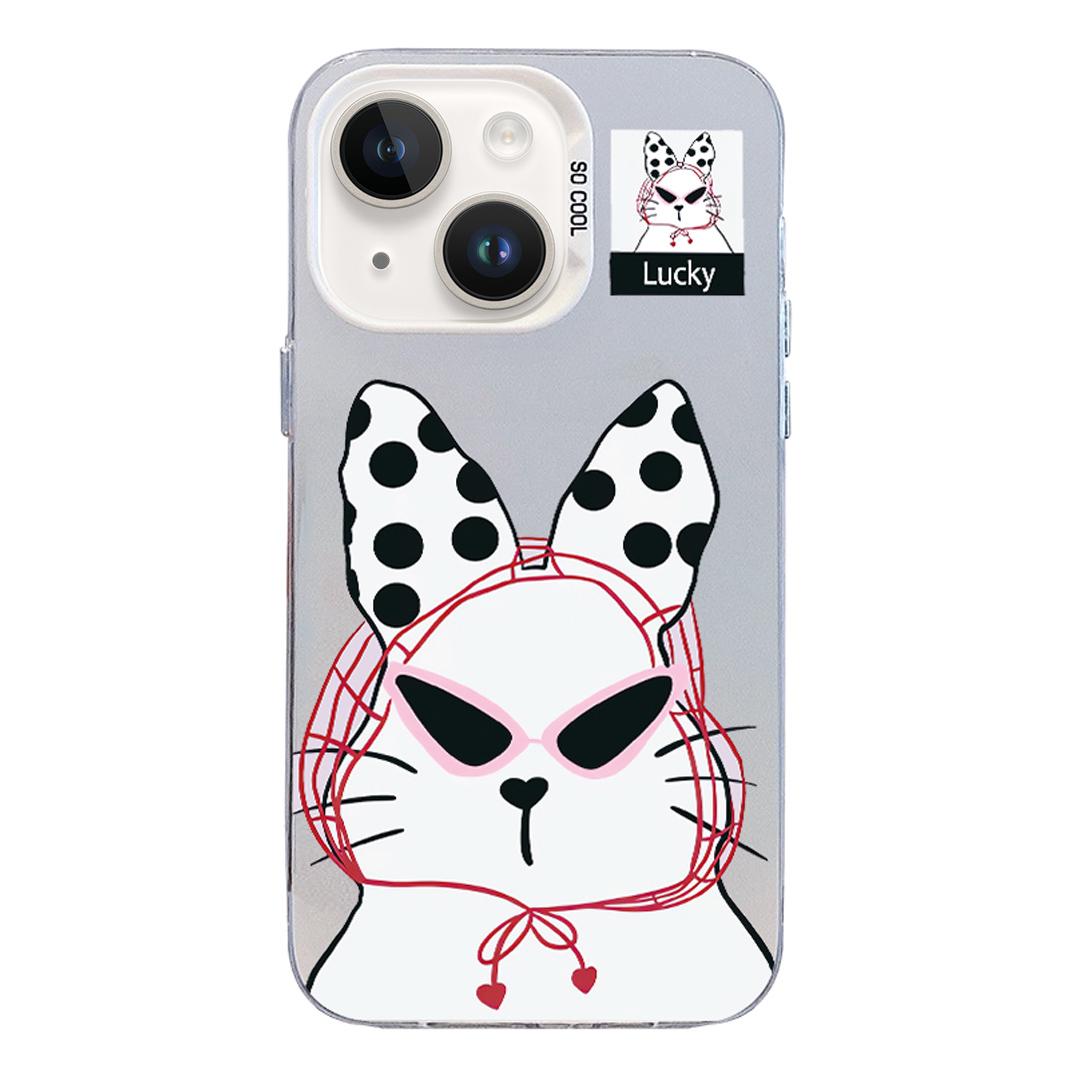 For iPhone 15 Plus Colorful Silver Pattern PC Hybrid TPU Phone Case - White Lucky Cat - EDA009668612J