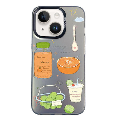 For iPhone 14 Colorful Silver Pattern PC Hybrid TPU Phone Case - Black Fruit Tea - EDA009668615C