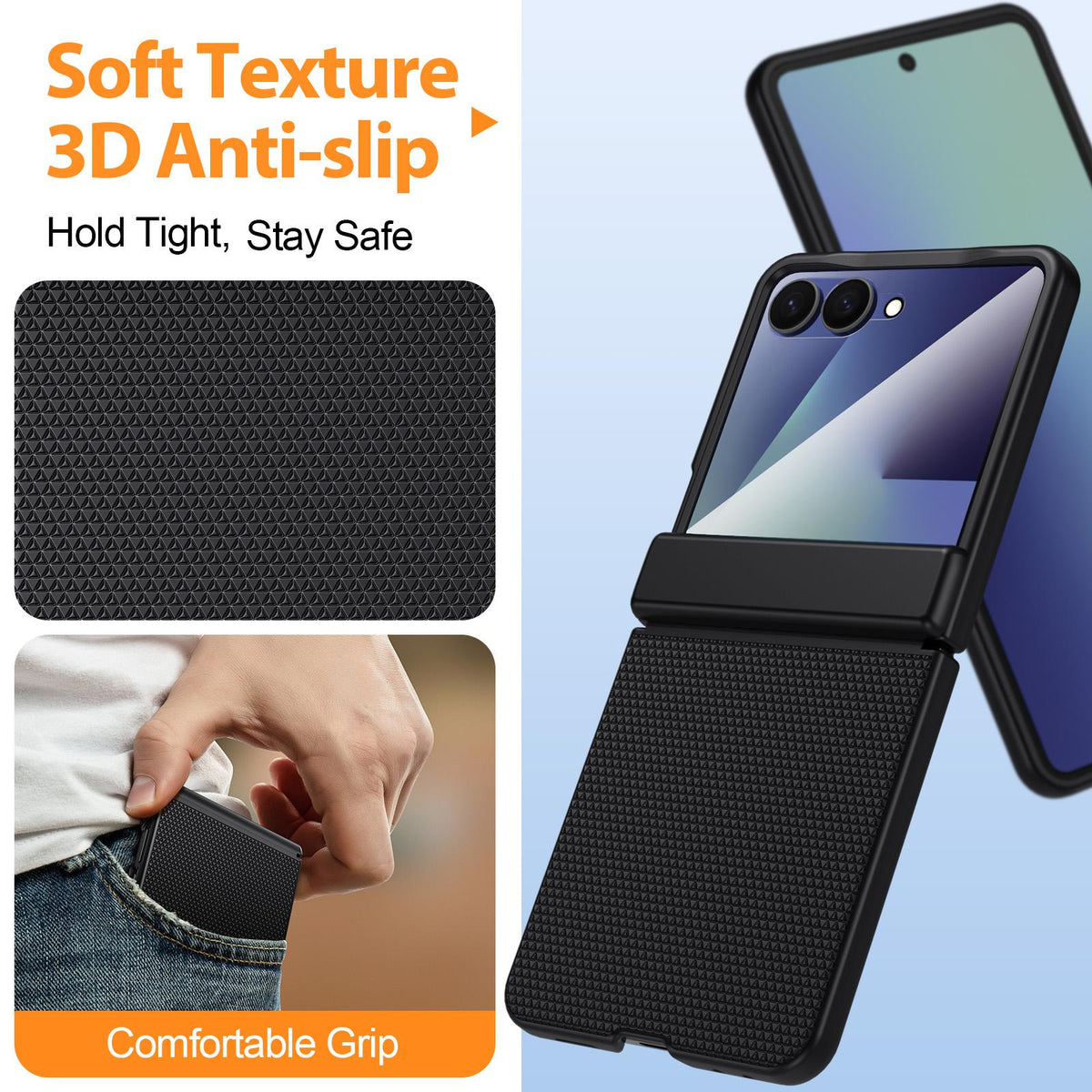 For Galaxy Z Flip7 5G Triangle Texture Film Integrated PU Vegan Leather Phone Case - Black - EDA009669901A