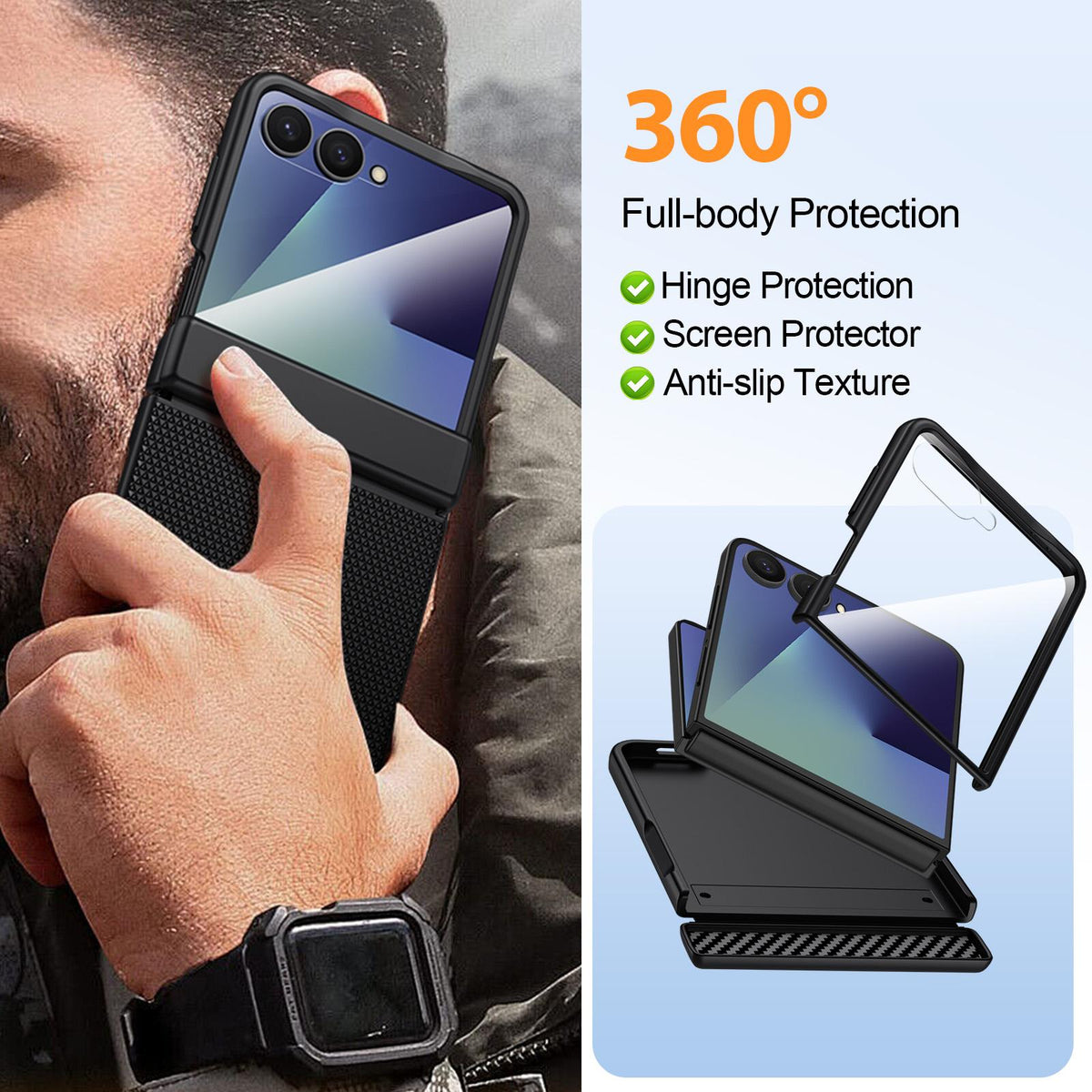 For Galaxy Z Flip7 5G Triangle Texture Film Integrated PU Vegan Leather Phone Case - Black - EDA009669901A