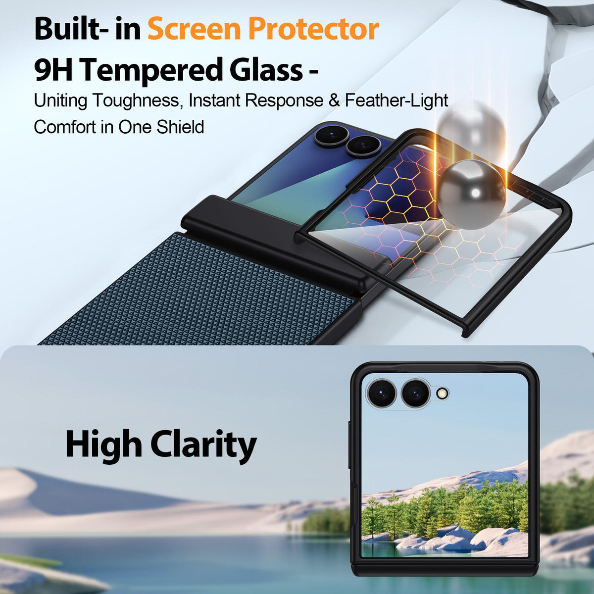 For Galaxy Z Flip7 5G Triangle Texture Film Integrated PU Vegan Leather Phone Case - Blue - EDA009669901B