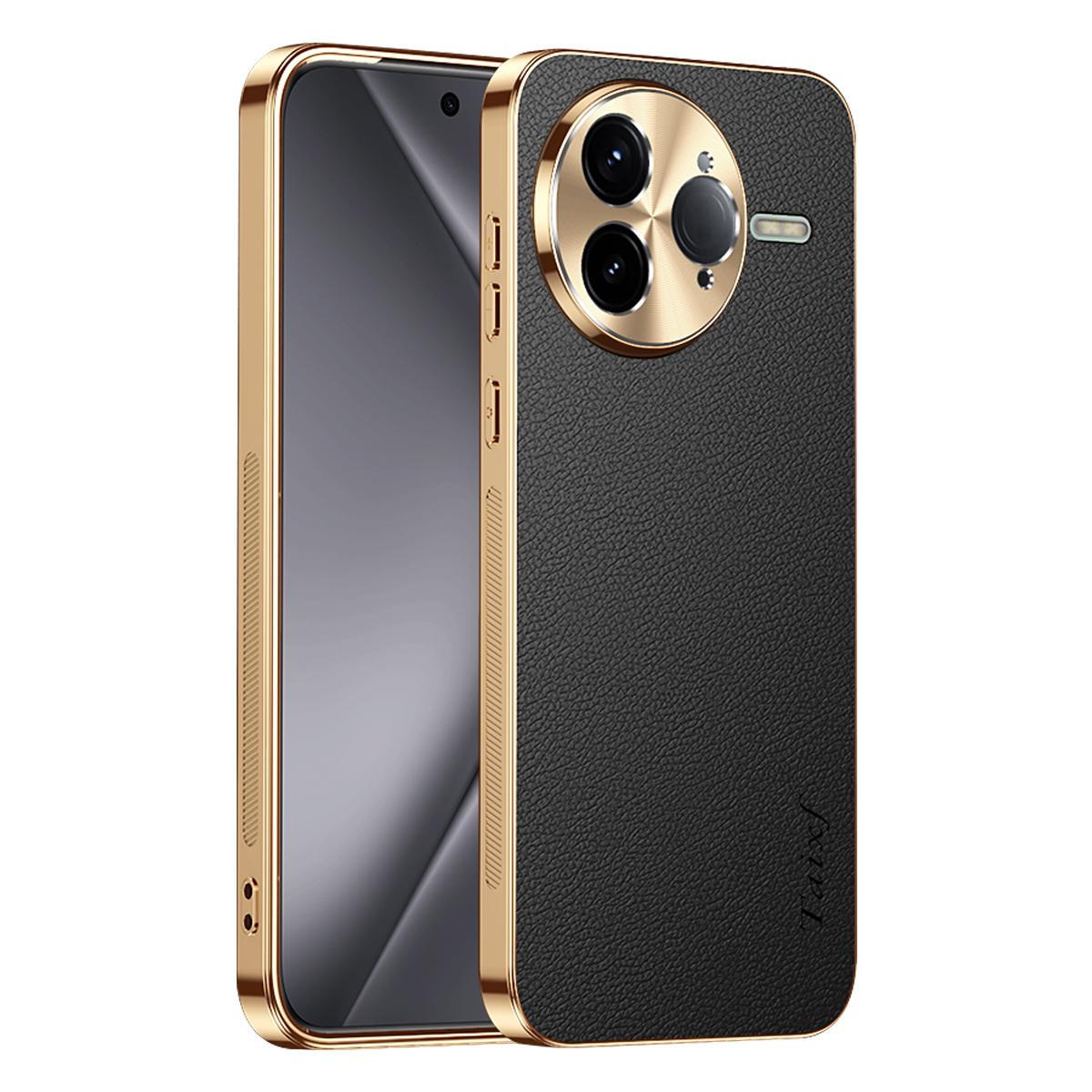 For Redmi K80 Pro Electroplated Frame Litchi Texture PC + TPU Vegan Leather Phone Case - Black - EDA009670705A