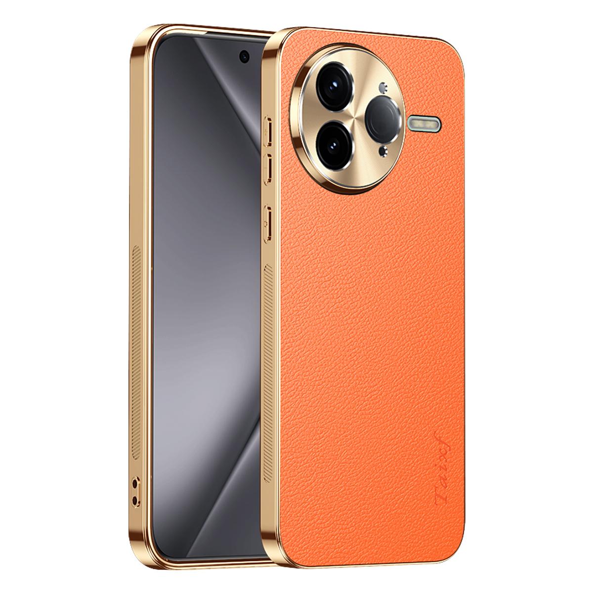 For Redmi K80 Pro Electroplated Frame Litchi Texture PC + TPU Vegan Leather Phone Case - Orange - EDA009670705B