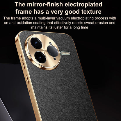 For Redmi K80 Pro Electroplated Frame Litchi Texture PC + TPU Vegan Leather Phone Case - Blue - EDA009670705C