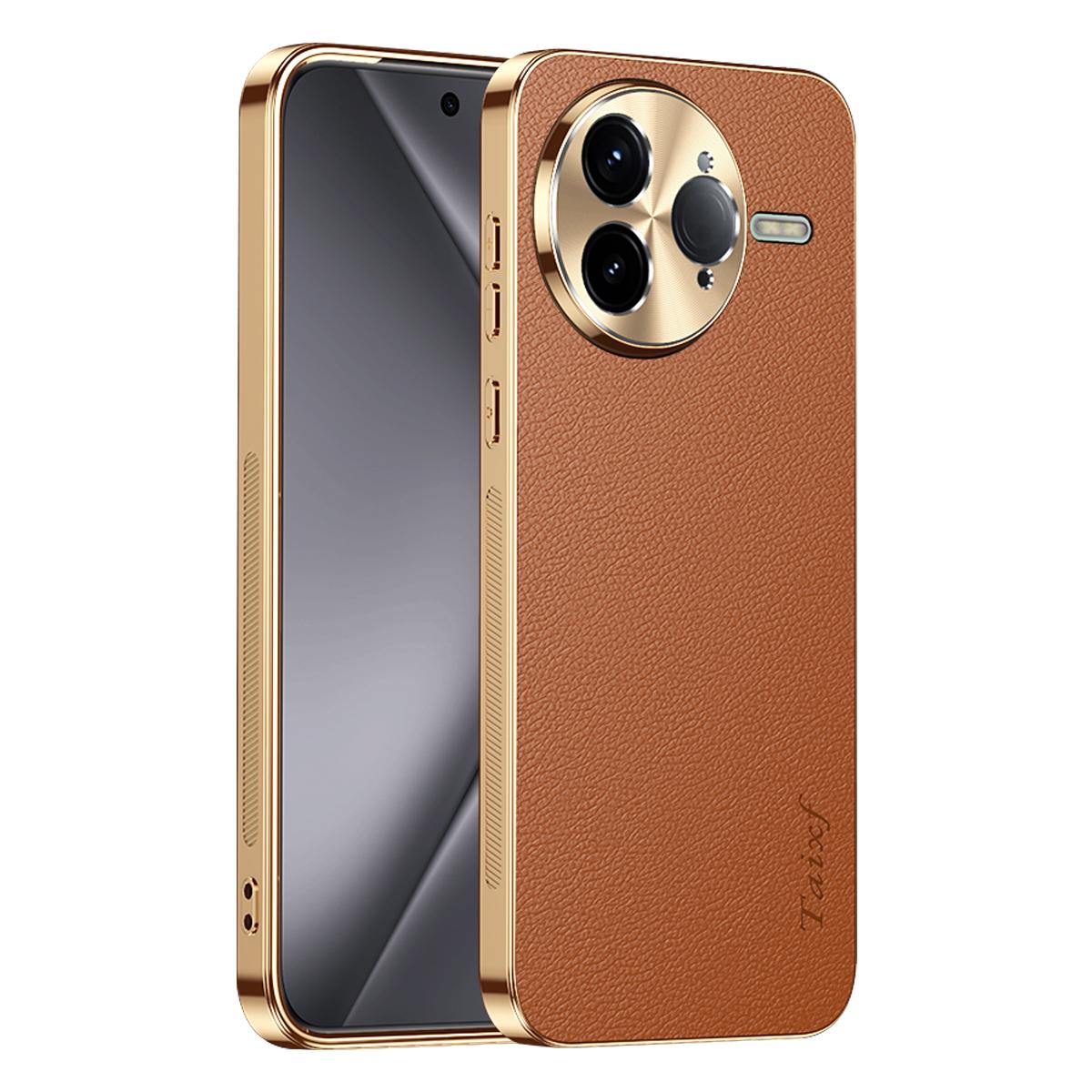 For Redmi K80 Pro Electroplated Frame Litchi Texture PC + TPU Vegan Leather Phone Case - Brown - EDA009670705E