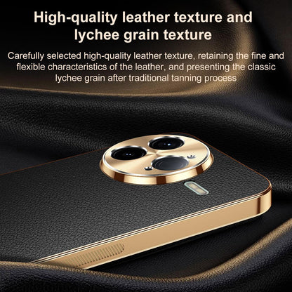 For Redmi K80 Pro Electroplated Frame Litchi Texture PC + TPU Vegan Leather Phone Case - Brown - EDA009670705E