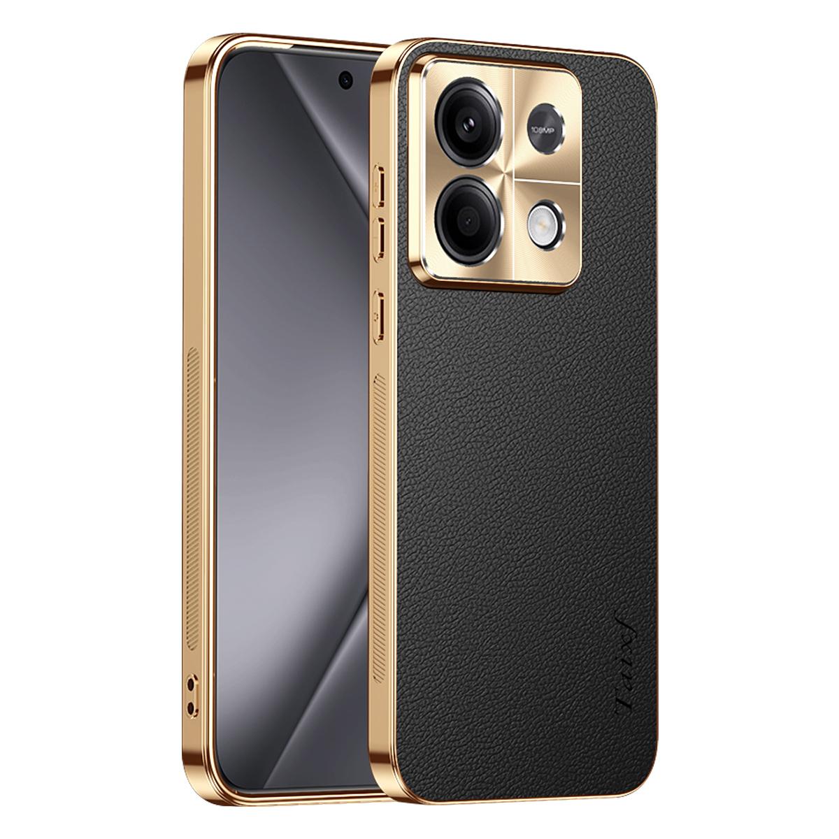 For Redmi Note 13 Electroplated Frame Litchi Texture PC + TPU Vegan Leather Phone Case - Black - EDA009670710A