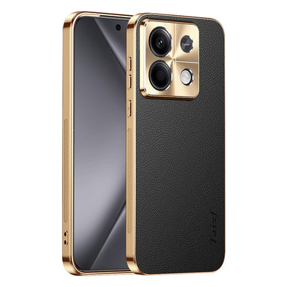 For Redmi Note 13 Electroplated Frame Litchi Texture PC + TPU Vegan Leather Phone Case - Black - EDA009670710A