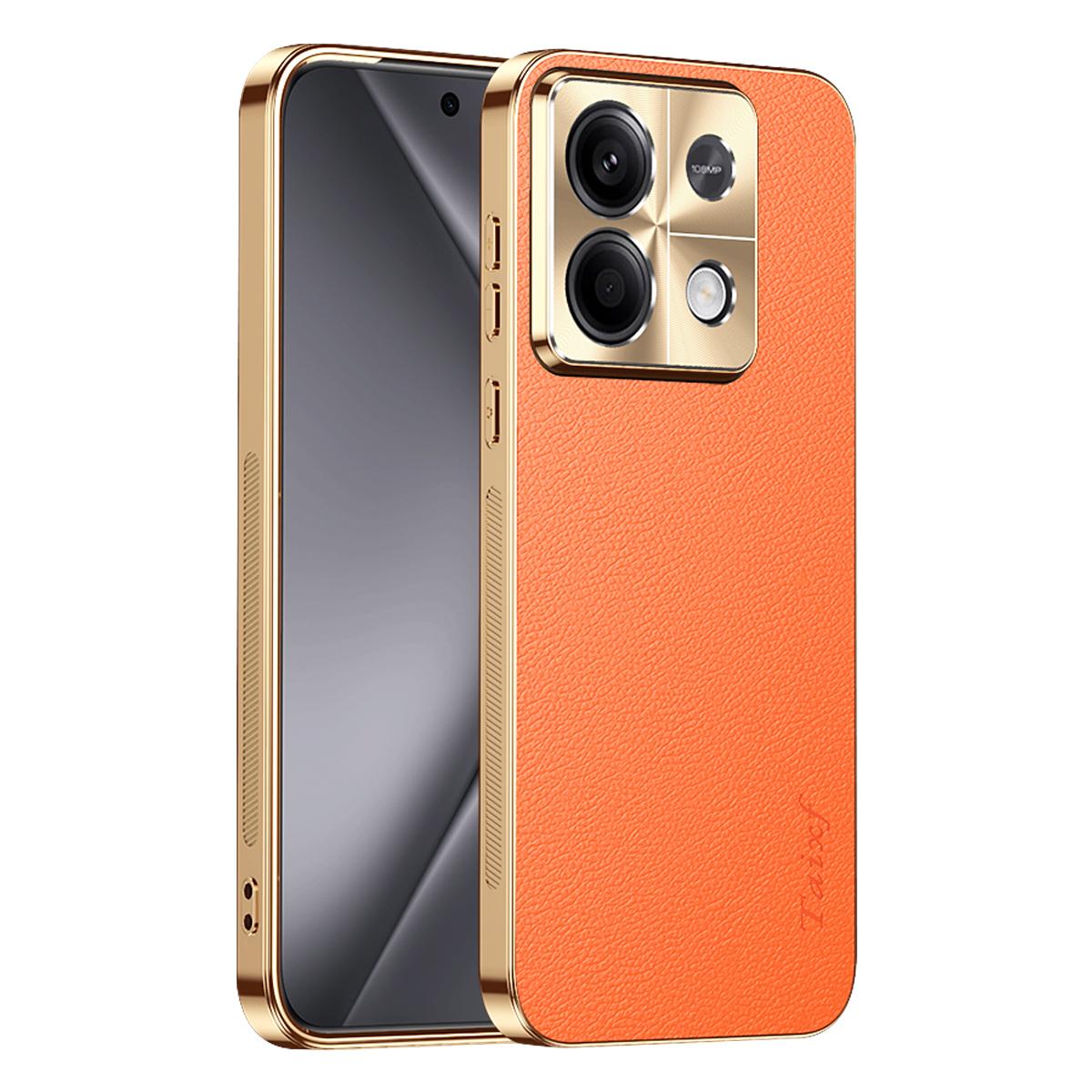 For Redmi Note 13 Electroplated Frame Litchi Texture PC + TPU Vegan Leather Phone Case - Orange - EDA009670710B