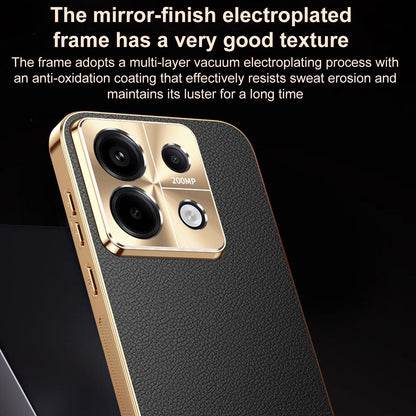 For Redmi Note 13 Electroplated Frame Litchi Texture PC + TPU Vegan Leather Phone Case - Orange - EDA009670710B