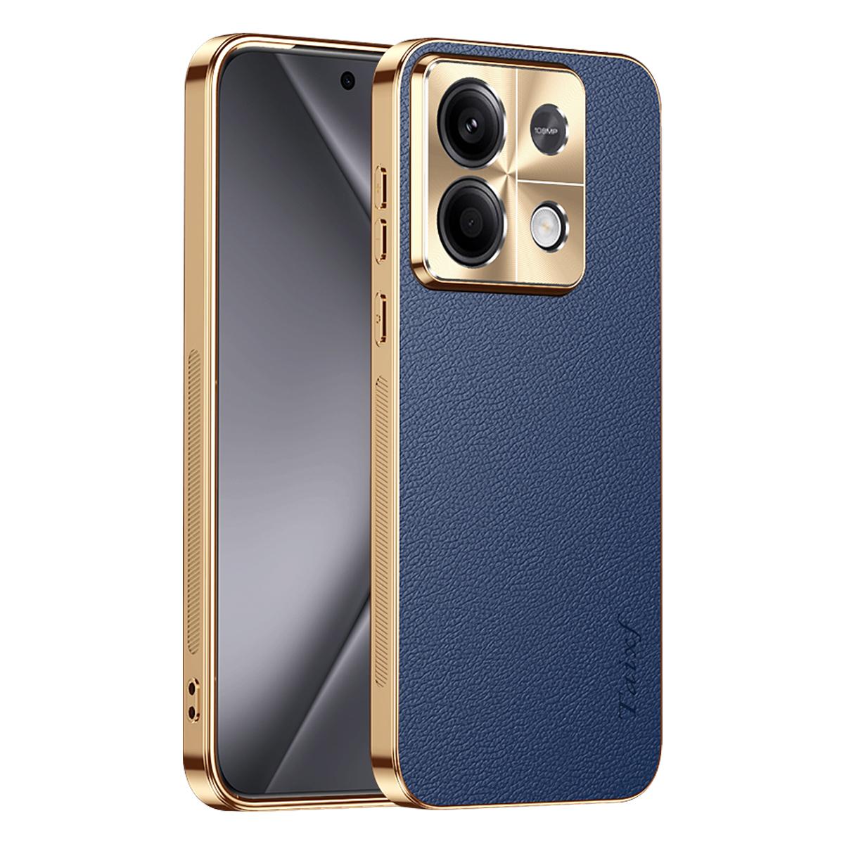 For Redmi Note 13 Electroplated Frame Litchi Texture PC + TPU Vegan Leather Phone Case - Blue - EDA009670710C