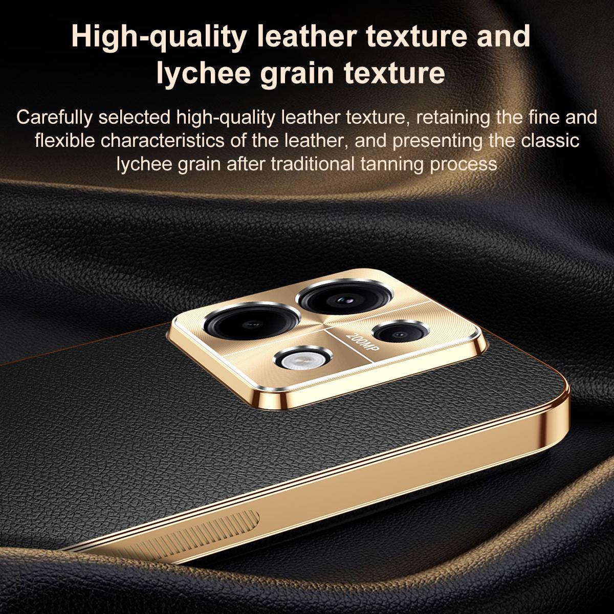 For Redmi Note 13 Electroplated Frame Litchi Texture PC + TPU Vegan Leather Phone Case - Blue - EDA009670710C