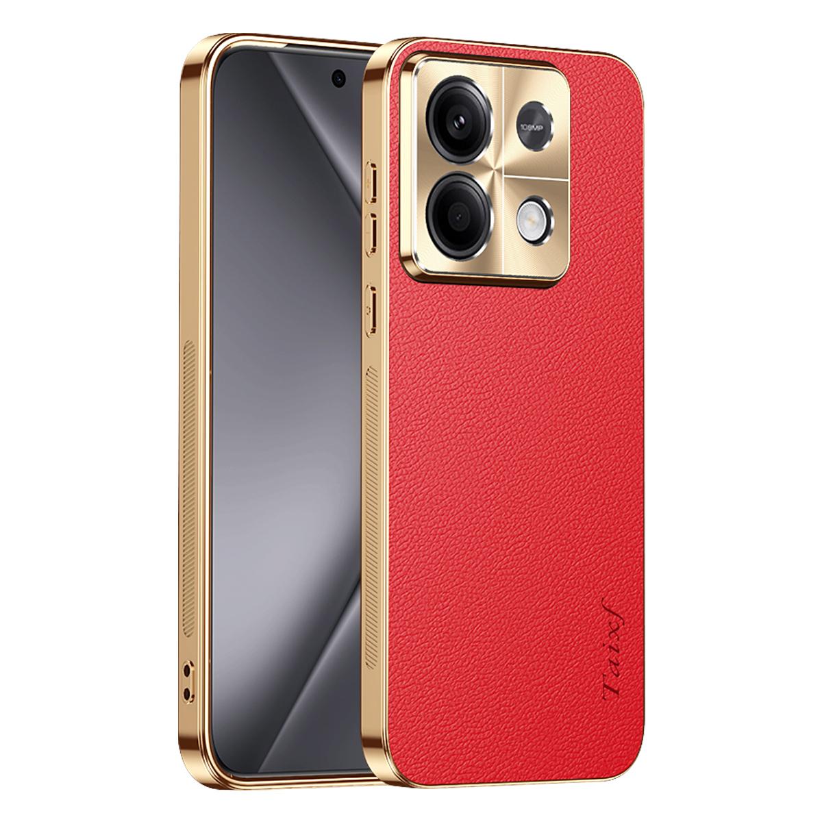 For Redmi Note 13 Electroplated Frame Litchi Texture PC + TPU Vegan Leather Phone Case - Red - EDA009670710D
