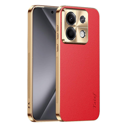 For Redmi Note 13 Electroplated Frame Litchi Texture PC + TPU Vegan Leather Phone Case - Red - EDA009670710D