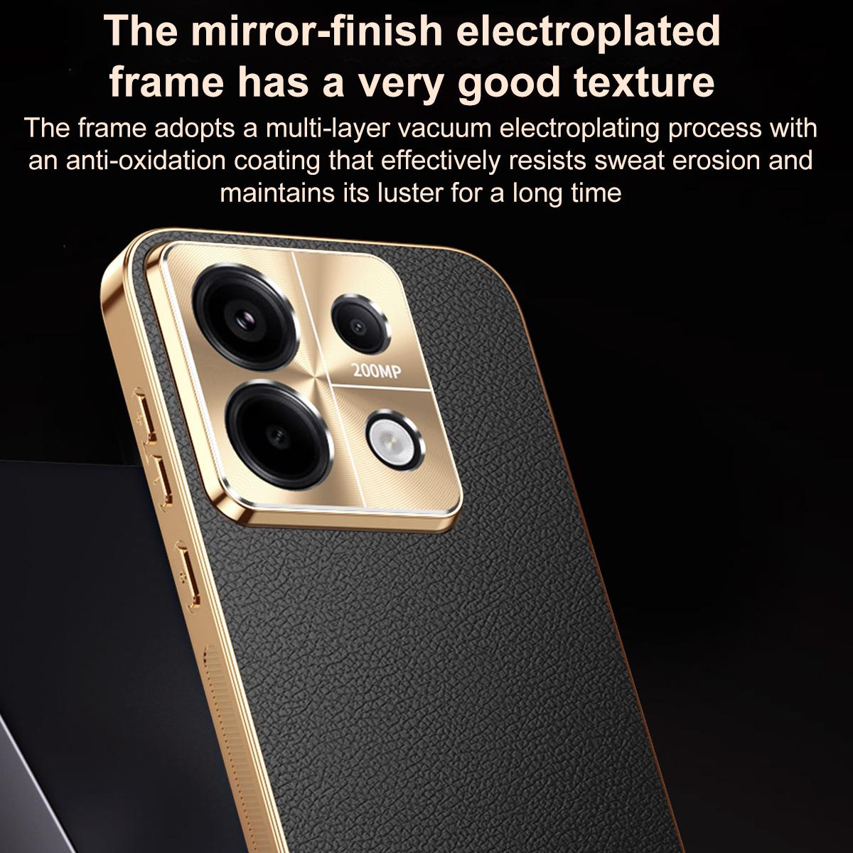 For Redmi Note 13 Electroplated Frame Litchi Texture PC + TPU Vegan Leather Phone Case - Red - EDA009670710D