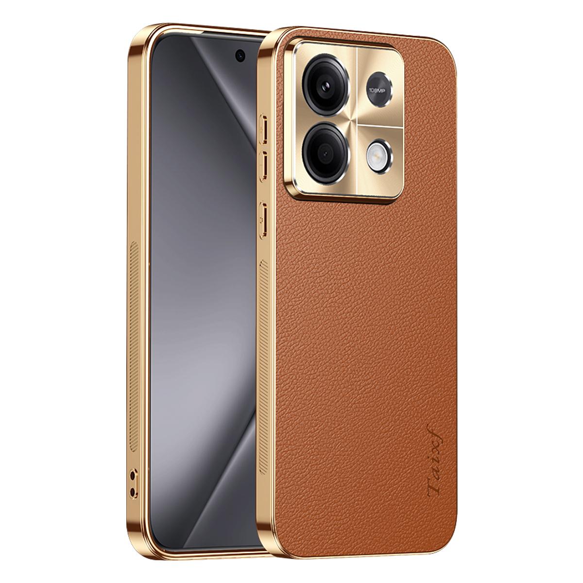 For Redmi Note 13 Electroplated Frame Litchi Texture PC + TPU Vegan Leather Phone Case - Brown - EDA009670710E