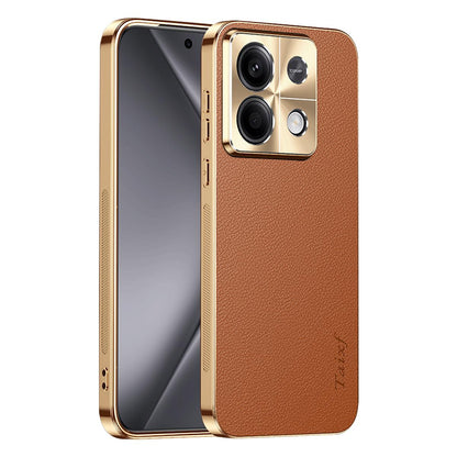 For Redmi Note 13 Electroplated Frame Litchi Texture PC + TPU Vegan Leather Phone Case - Brown - EDA009670710E