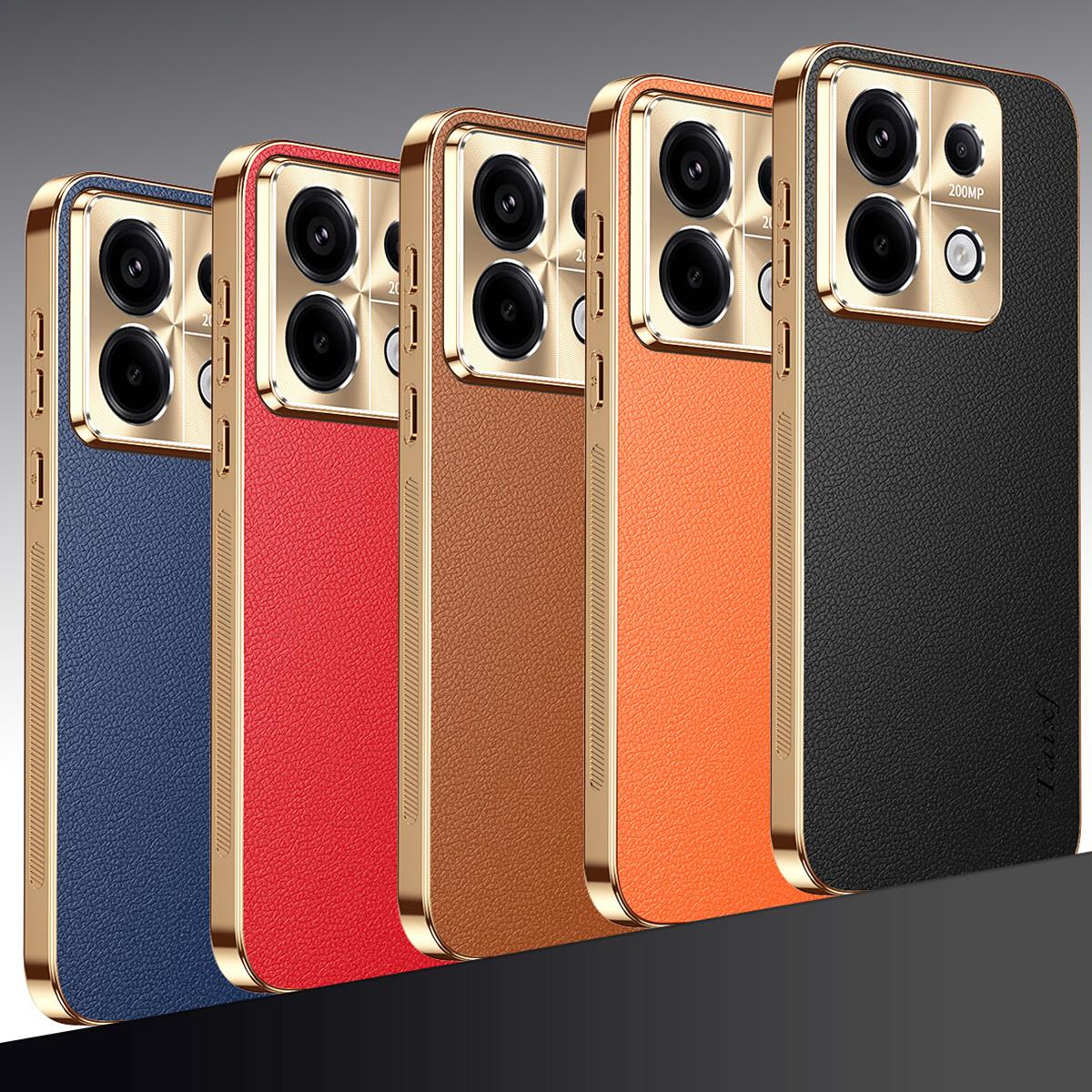 For Redmi Note 13 Electroplated Frame Litchi Texture PC + TPU Vegan Leather Phone Case - Brown - EDA009670710E