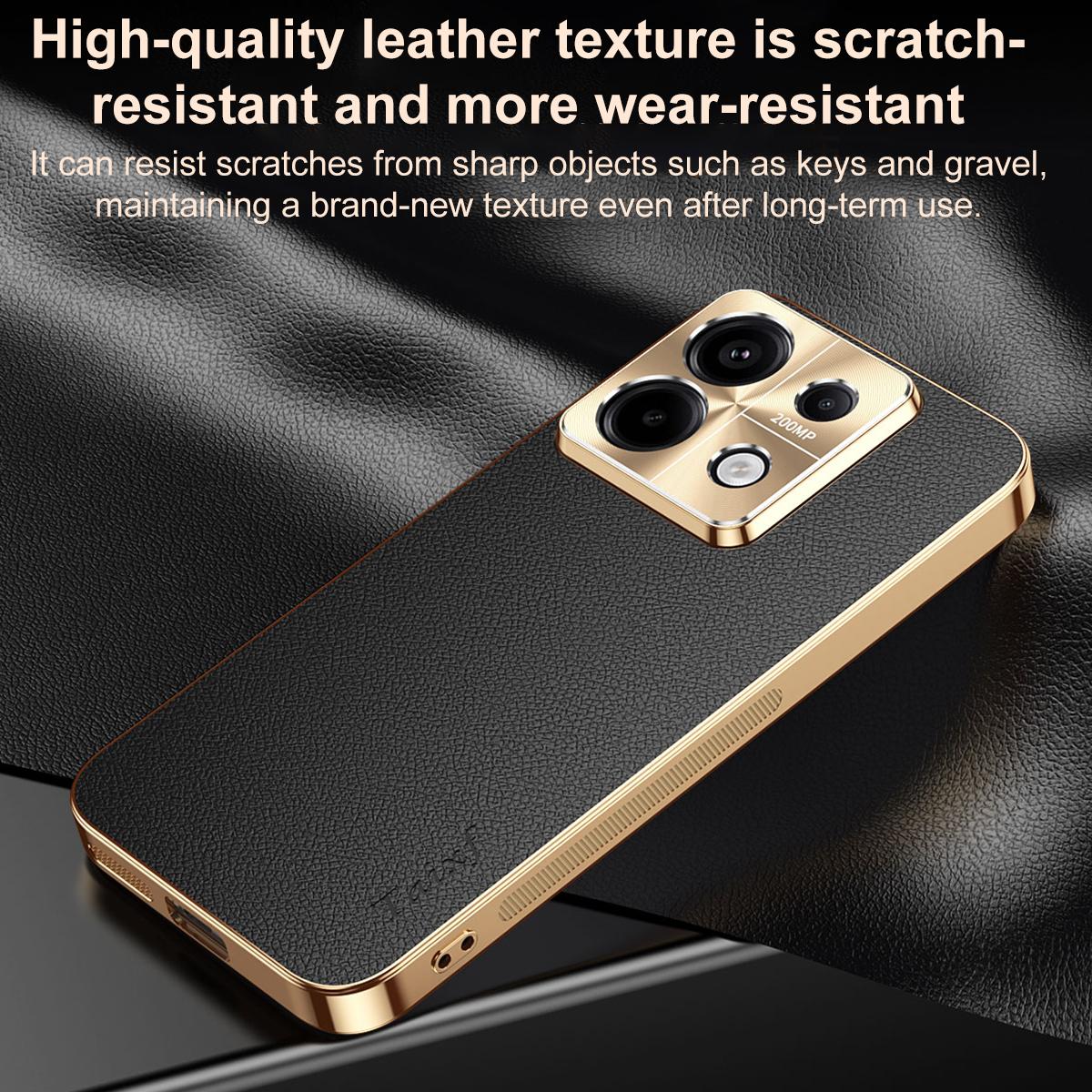 For Redmi Note 13 Electroplated Frame Litchi Texture PC + TPU Vegan Leather Phone Case - Brown - EDA009670710E