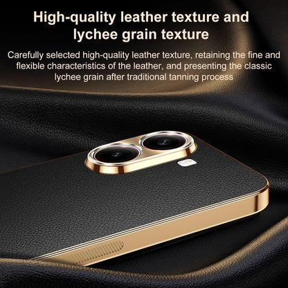 For Redmi Turbo 4 Electroplated Frame Litchi Texture PC + TPU Vegan Leather Phone Case - Black - EDA009670714A
