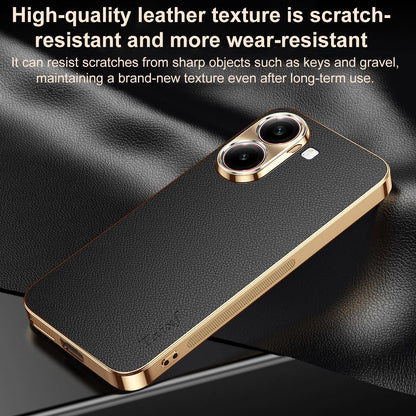 For Redmi Turbo 4 Electroplated Frame Litchi Texture PC + TPU Vegan Leather Phone Case - Black - EDA009670714A