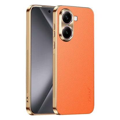 For Redmi Turbo 4 Electroplated Frame Litchi Texture PC + TPU Vegan Leather Phone Case - Orange - EDA009670714B