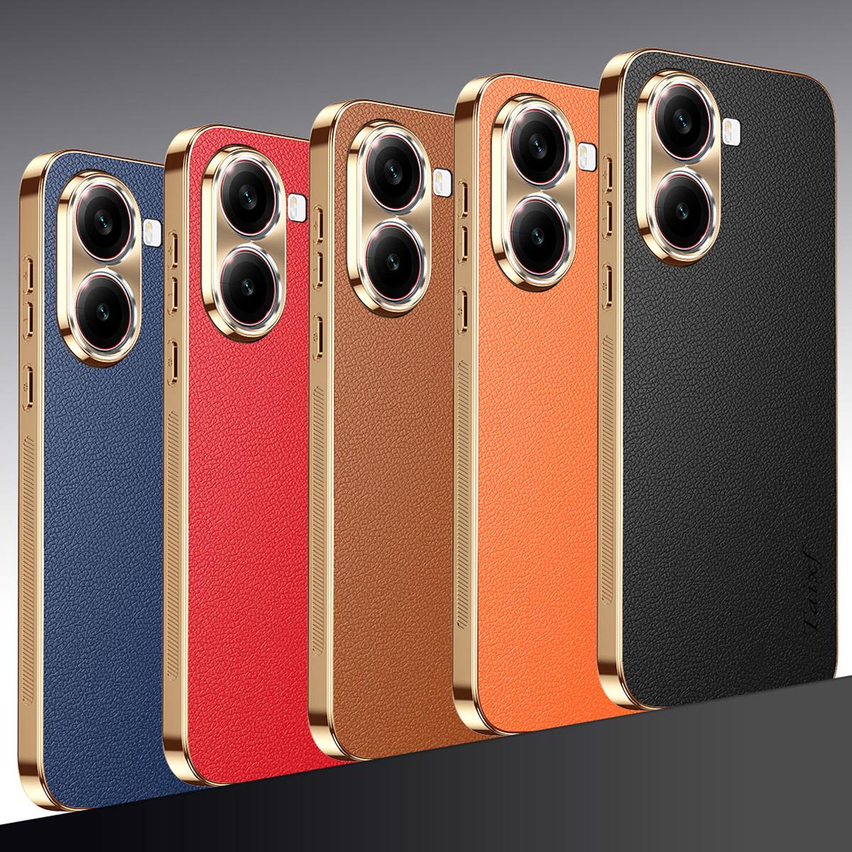 For Redmi Turbo 4 Electroplated Frame Litchi Texture PC + TPU Vegan Leather Phone Case - Orange - EDA009670714B