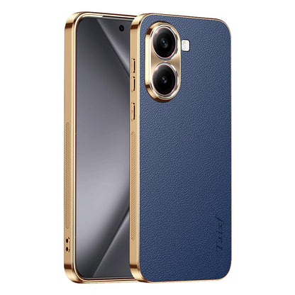 For Redmi Turbo 4 Electroplated Frame Litchi Texture PC + TPU Vegan Leather Phone Case - Blue - EDA009670714C