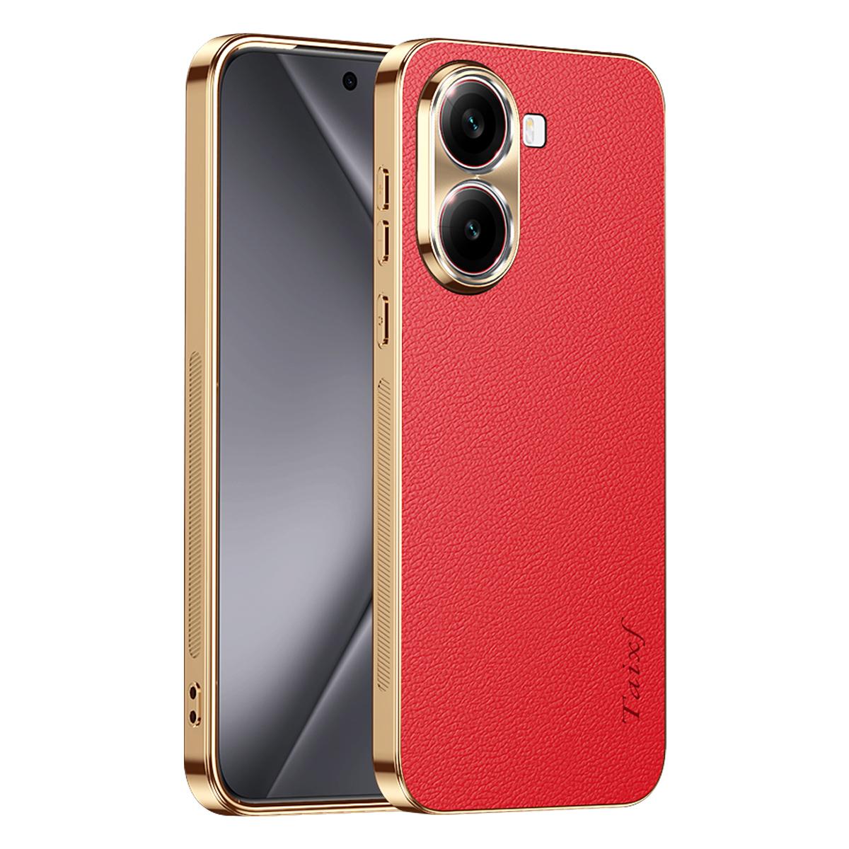 For Redmi Turbo 4 Electroplated Frame Litchi Texture PC + TPU Vegan Leather Phone Case - Red - EDA009670714D