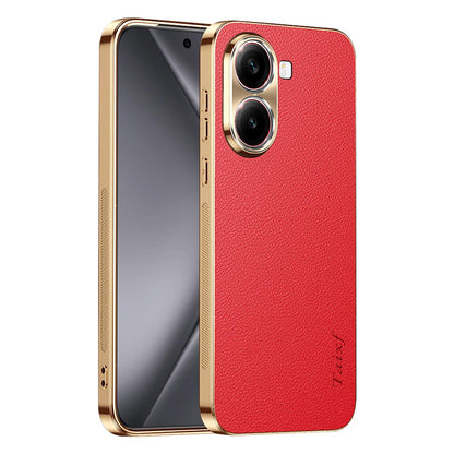 For Redmi Turbo 4 Electroplated Frame Litchi Texture PC + TPU Vegan Leather Phone Case - Red - EDA009670714D