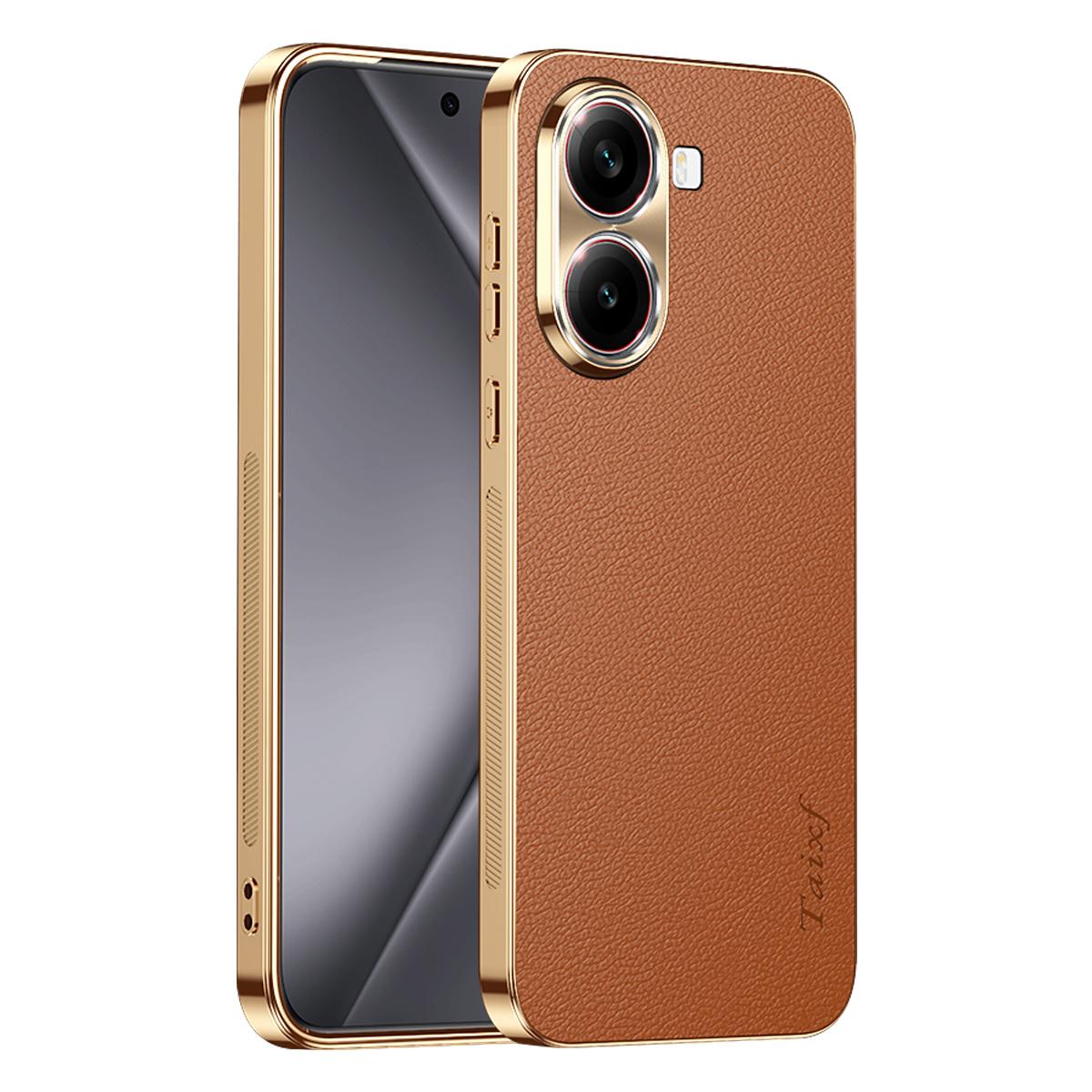 For Redmi Turbo 4 Electroplated Frame Litchi Texture PC + TPU Vegan Leather Phone Case - Brown - EDA009670714E
