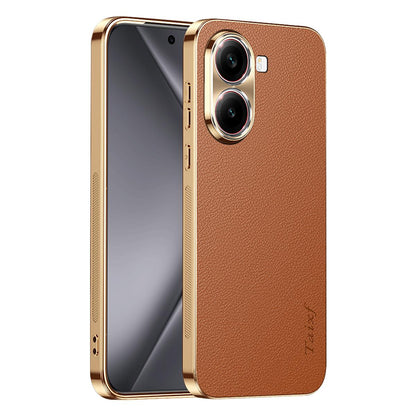 For Redmi Turbo 4 Electroplated Frame Litchi Texture PC + TPU Vegan Leather Phone Case - Brown - EDA009670714E