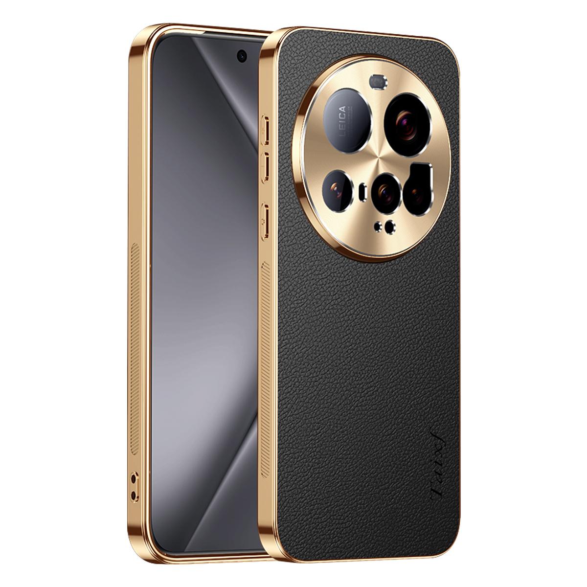 For Xiaomi 15 Ultra Electroplated Frame Litchi Texture PC + TPU Vegan Leather Phone Case - Black - EDA009670801A