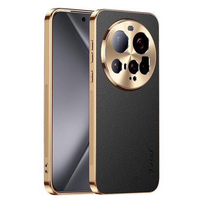 For Xiaomi 15 Ultra Electroplated Frame Litchi Texture PC + TPU Vegan Leather Phone Case - Black - EDA009670801A