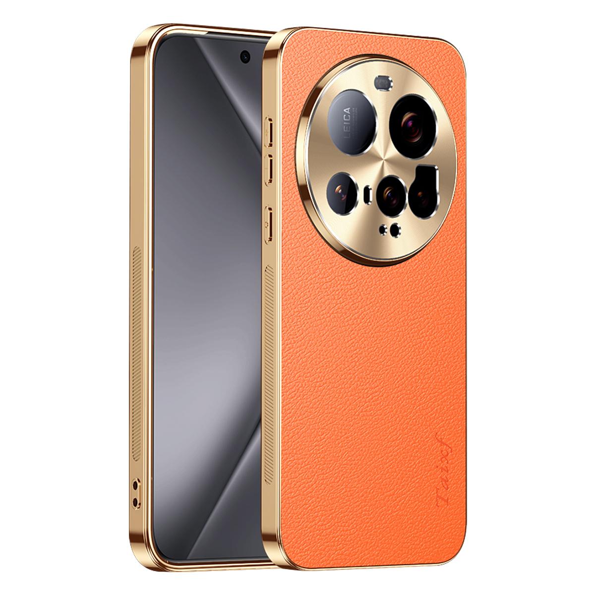 For Xiaomi 15 Ultra Electroplated Frame Litchi Texture PC + TPU Vegan Leather Phone Case - Orange - EDA009670801B