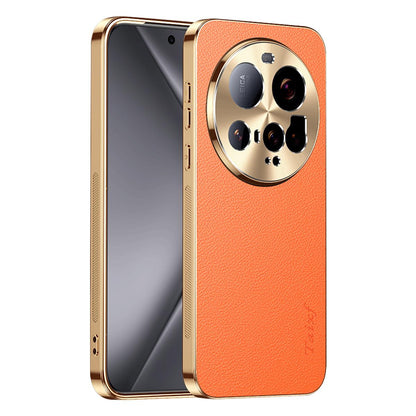 For Xiaomi 15 Ultra Electroplated Frame Litchi Texture PC + TPU Vegan Leather Phone Case - Orange - EDA009670801B