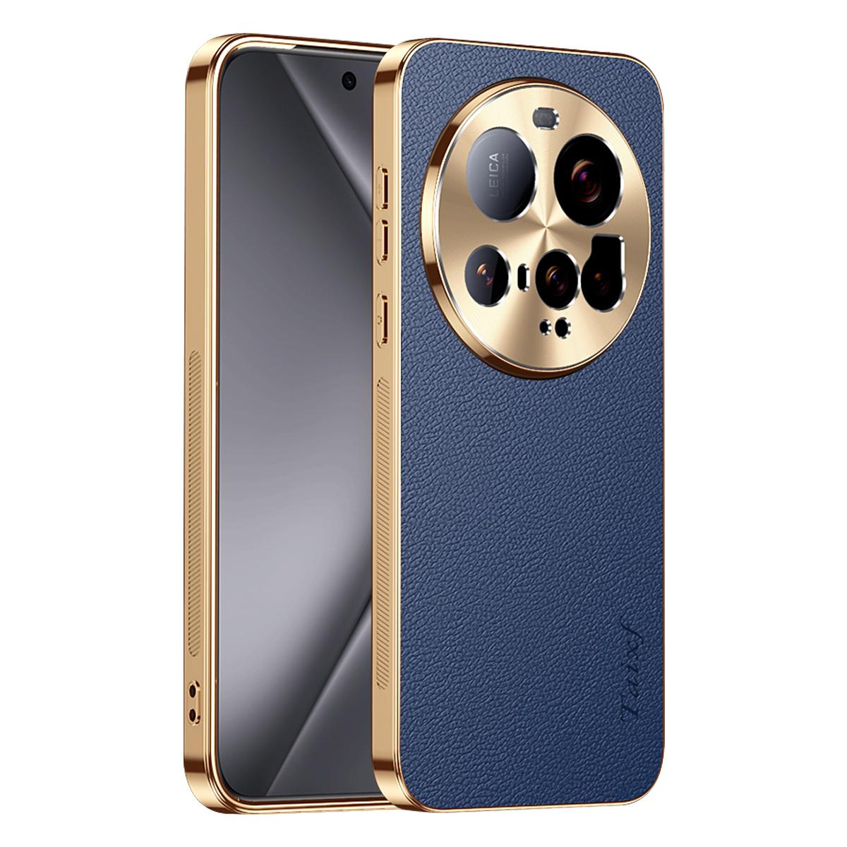 For Xiaomi 15 Ultra Electroplated Frame Litchi Texture PC + TPU Vegan Leather Phone Case - Blue - EDA009670801C