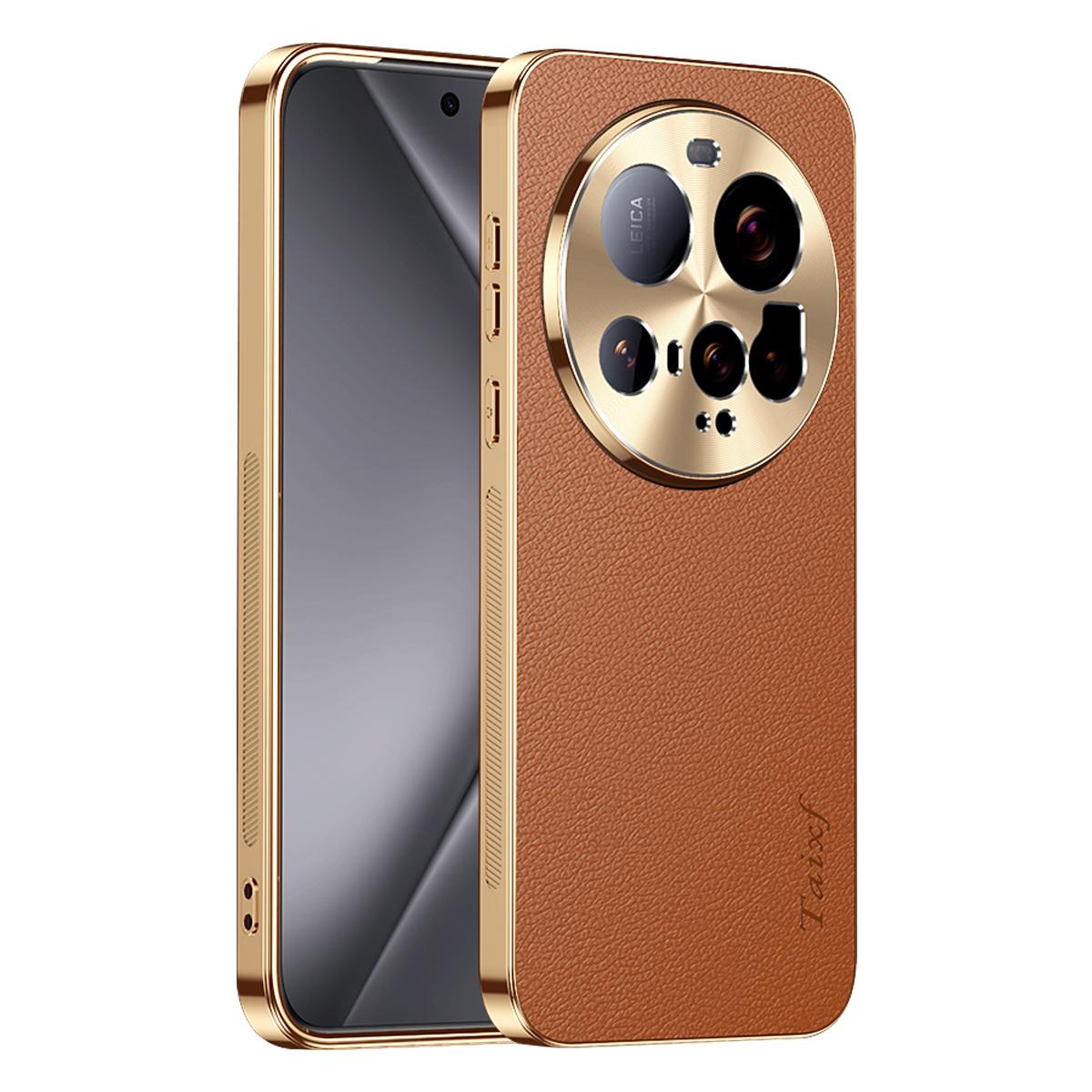 For Xiaomi 15 Ultra Electroplated Frame Litchi Texture PC + TPU Vegan Leather Phone Case - Brown - EDA009670801E
