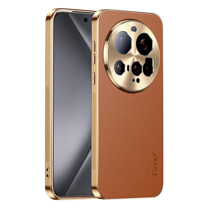 For Xiaomi 15 Ultra Electroplated Frame Litchi Texture PC + TPU Vegan Leather Phone Case - Brown - EDA009670801E